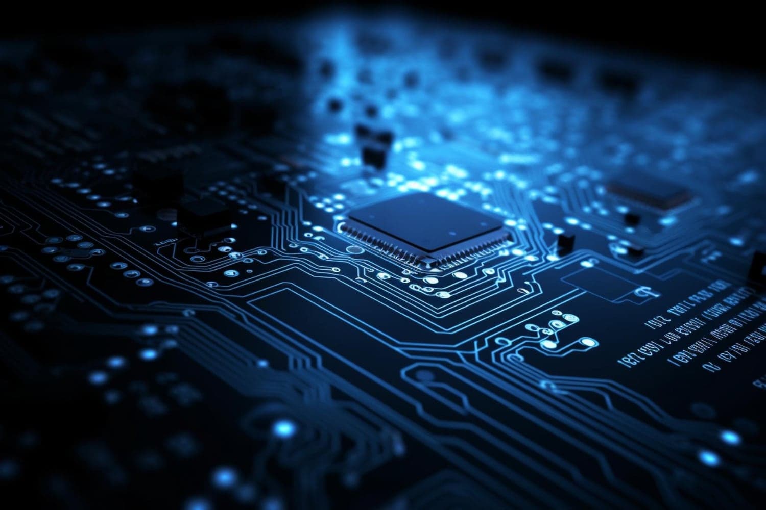 A circuit board lit blue, with a processor at its centre