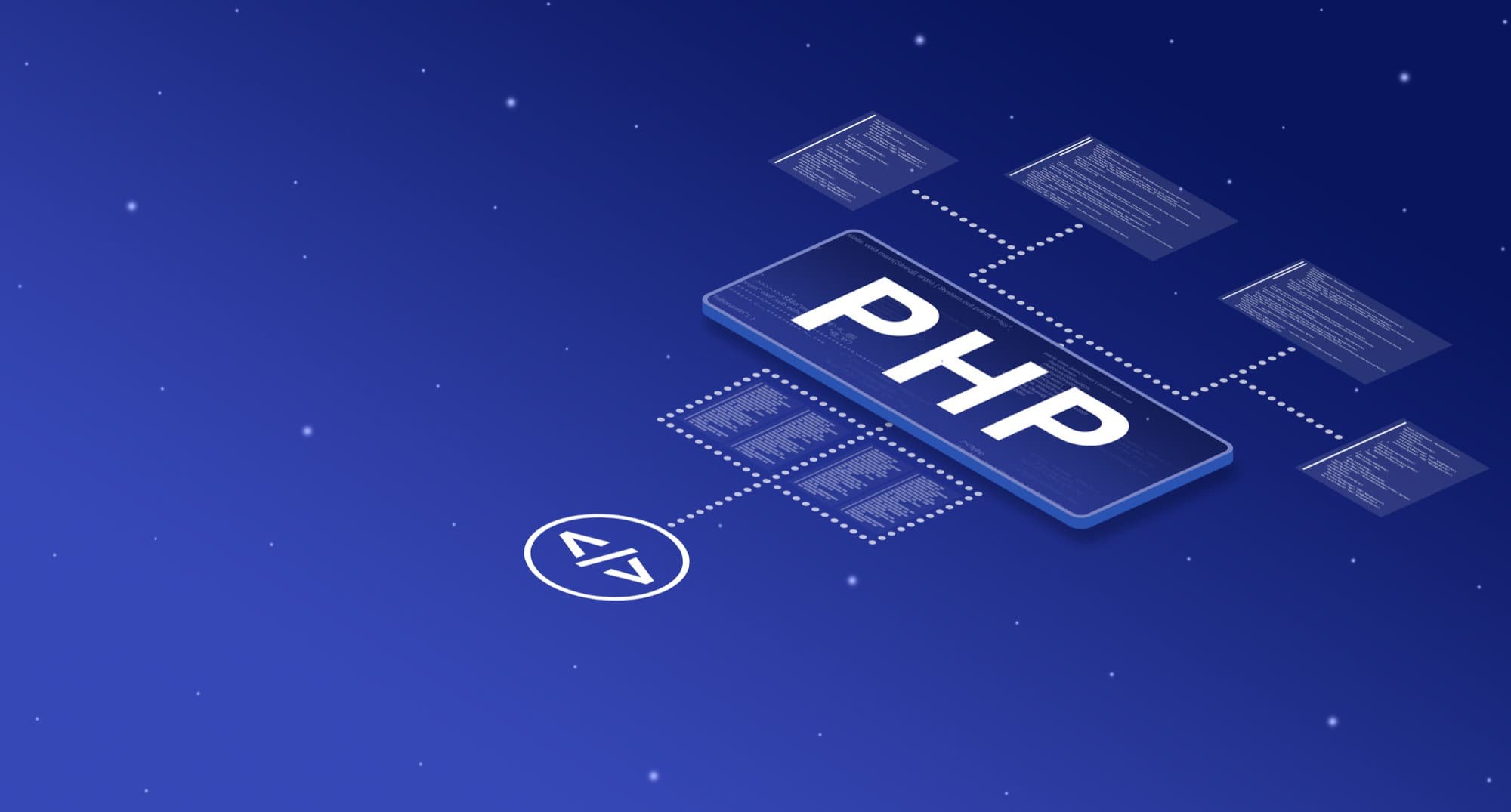 Isometric illustration of the word PHP on a glowing panel linked to code files, on a deep blue background