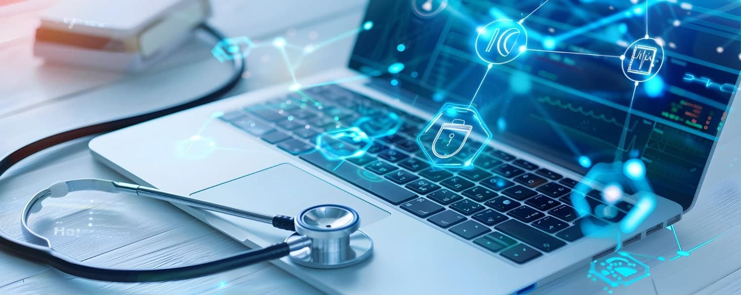 A laptop with a stethoscope across its keyboard, under glowing icons of protected health data