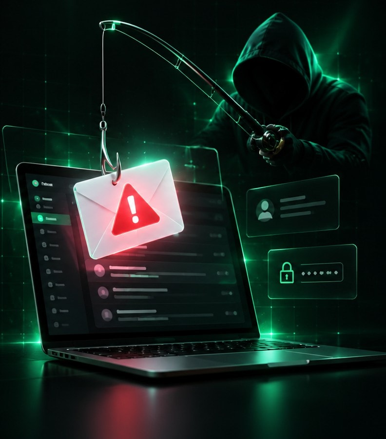 A hooded attacker with a fishing rod hooking a warning-marked email out of a laptop's inbox