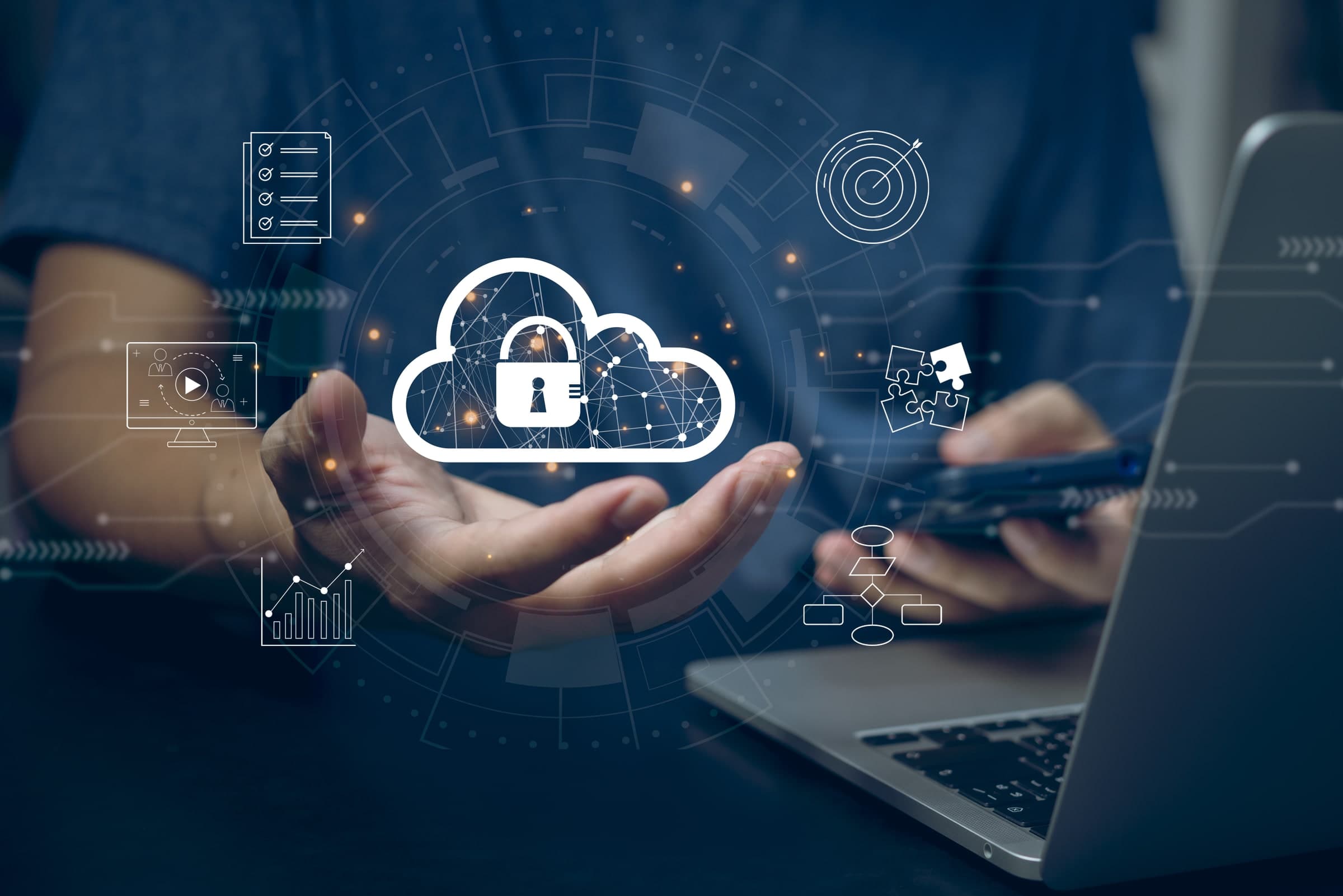 Hands at a laptop with a cloud padlock and connected service icons projected above the keyboard