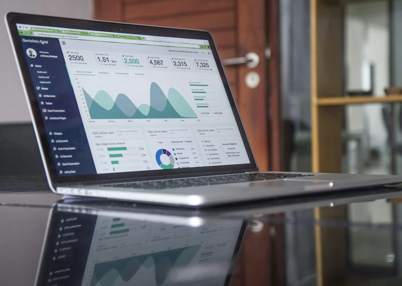 Laptop displaying an analytics dashboard on a dark desk