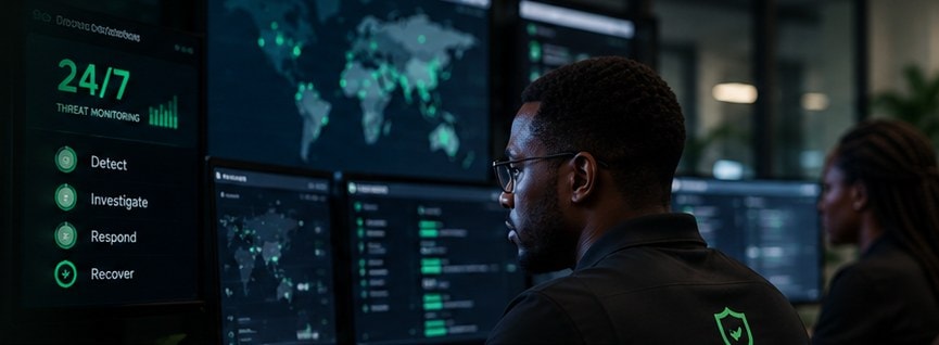 A Seraph Cyber analyst at a wall of monitors showing a live threat map and a 24/7 monitoring panel