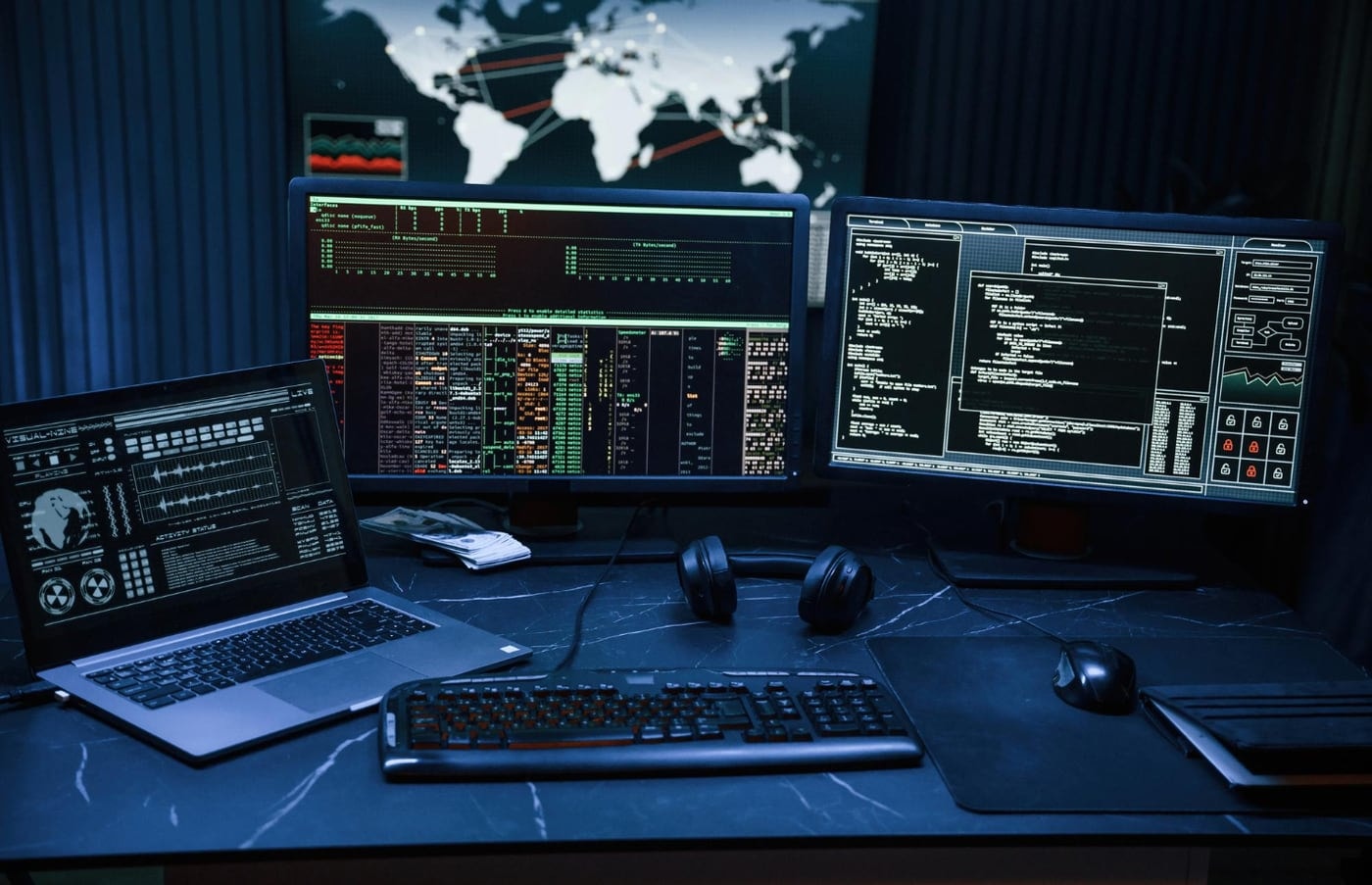 A darkened desk of monitors showing dashboards, logs and a world map of live activity