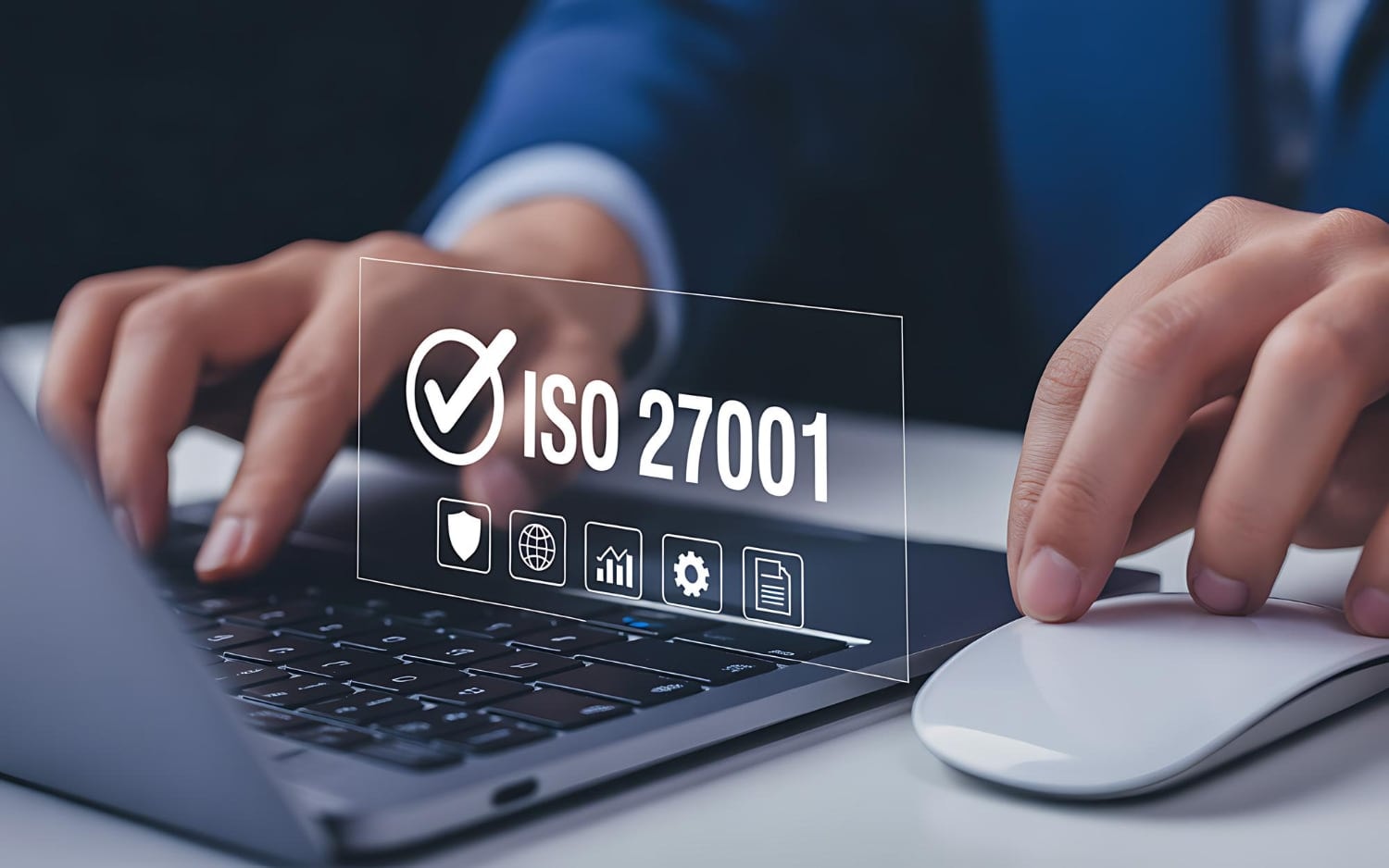 A laptop with an ISO 27001 compliance panel projected above the keyboard